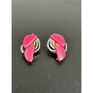Vintage Earrings Hot Pink Gold Tone Enamel 1.5" Clip On